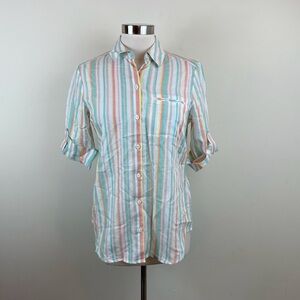 Foxcroft Orange Green White Stripe Button Down Blouse Shirt Top Women Size 6